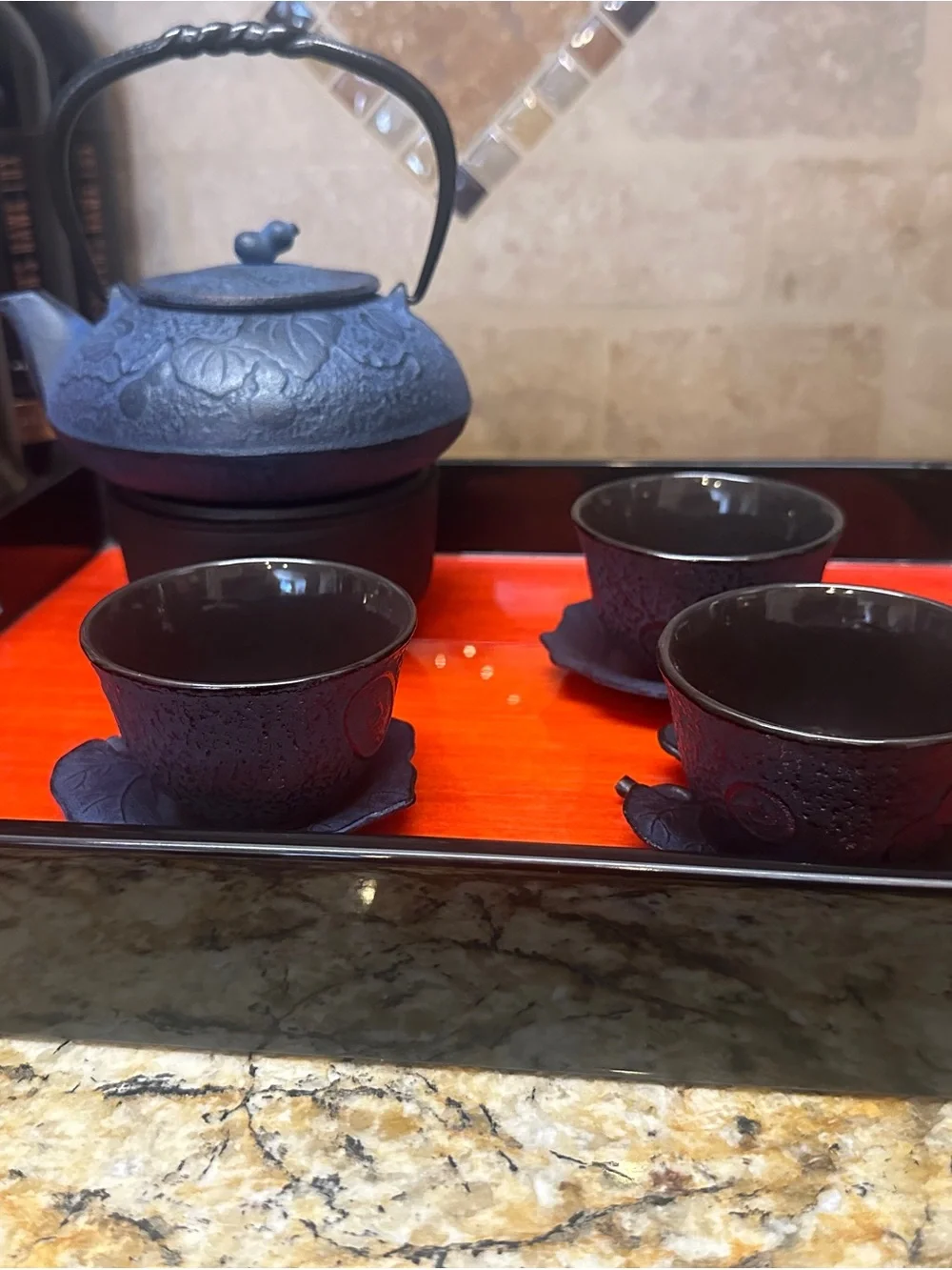 TeaVana Blue Cast Iron Teapot & Cups w/Floral Design & Black & Red Lacquer Tray